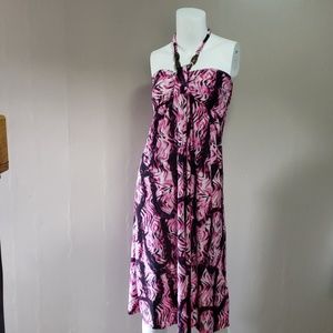 Strapless Halter dress w wood bead necklace EUC M